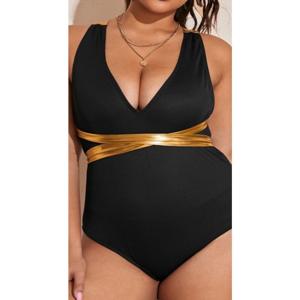 Women's Elegant Plus Size Black & Gold One-piece Swimwear